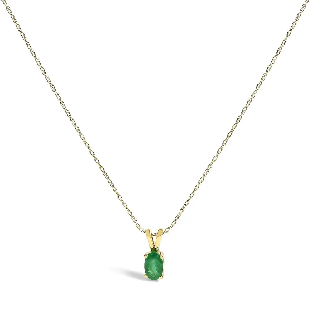 14K Yellow Gold Oval Green Emerald Solitaire Pendant Necklace 18 Inches