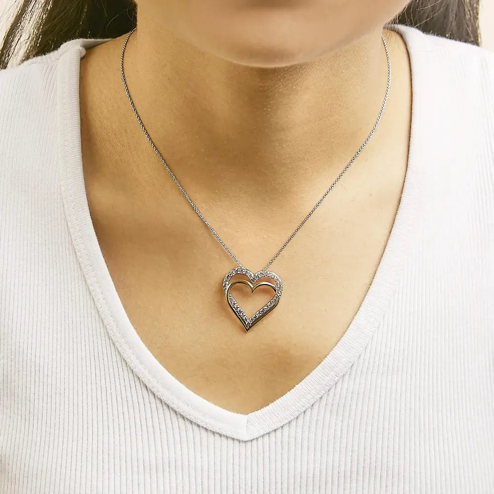 1.00 Cttw Diamond Double Heart Necklace in 14K Gold Plated Sterling Silver