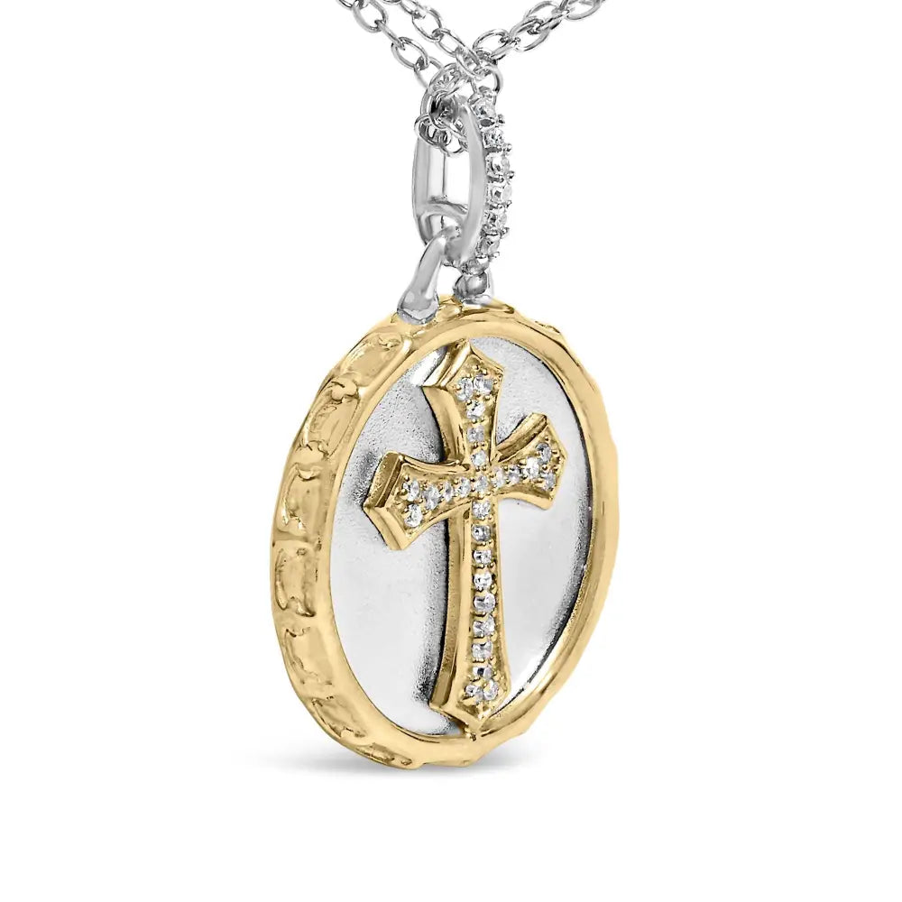 Diamond Cross Medallion Pendant in 14K Yellow Gold Plated Sterling Silver