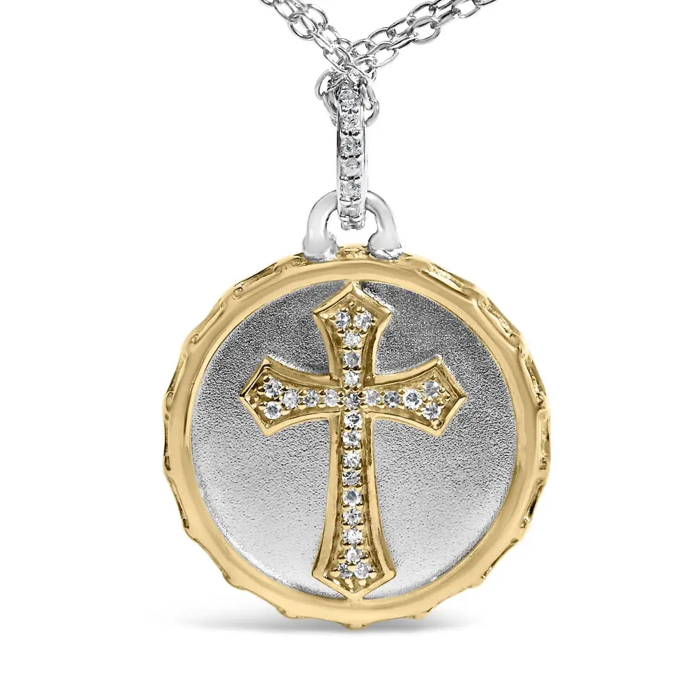 Diamond Cross Medallion Pendant in 14K Yellow Gold Plated Sterling Silver