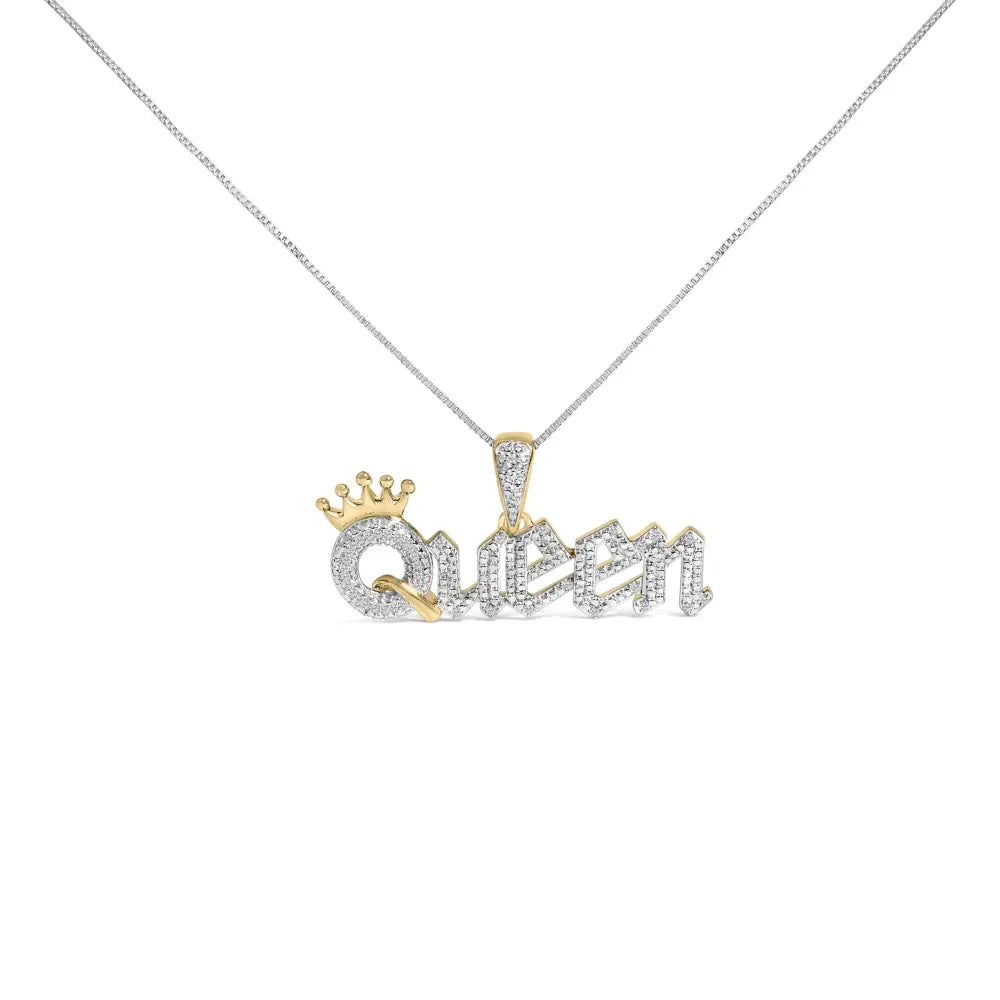 14K Gold Plated Silver 1/10 Cttw Diamond Queen Nameplate Necklace