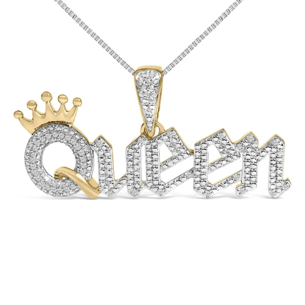 14K Gold Plated Silver 1/10 Cttw Diamond Queen Nameplate Necklace