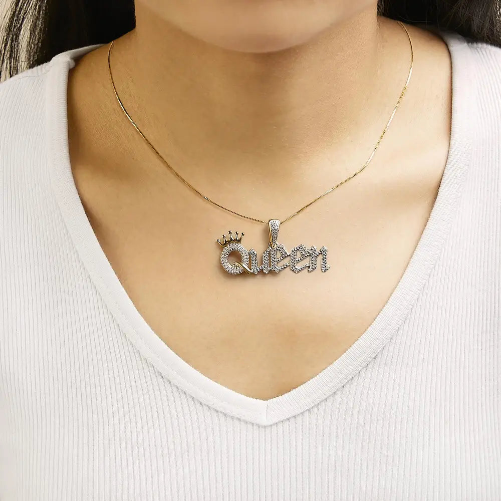 14K Gold Plated Silver 1/10 Cttw Diamond Queen Nameplate Necklace