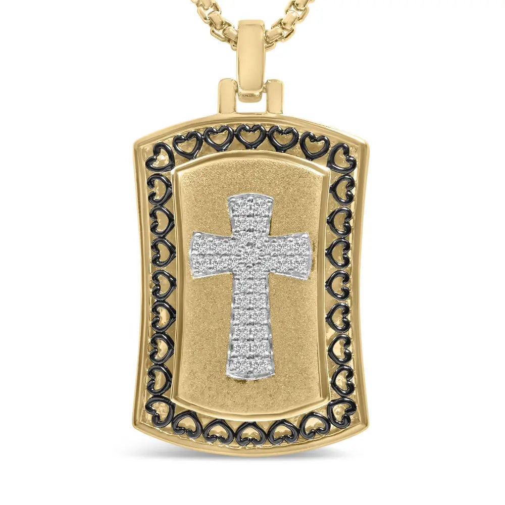 Diamond Cross Dog Tag Pendant in 14K Gold Plated Sterling Silver