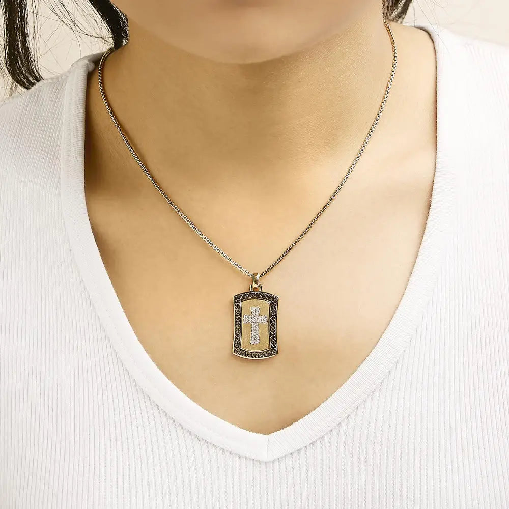 Diamond Cross Dog Tag Pendant in 14K Gold Plated Sterling Silver