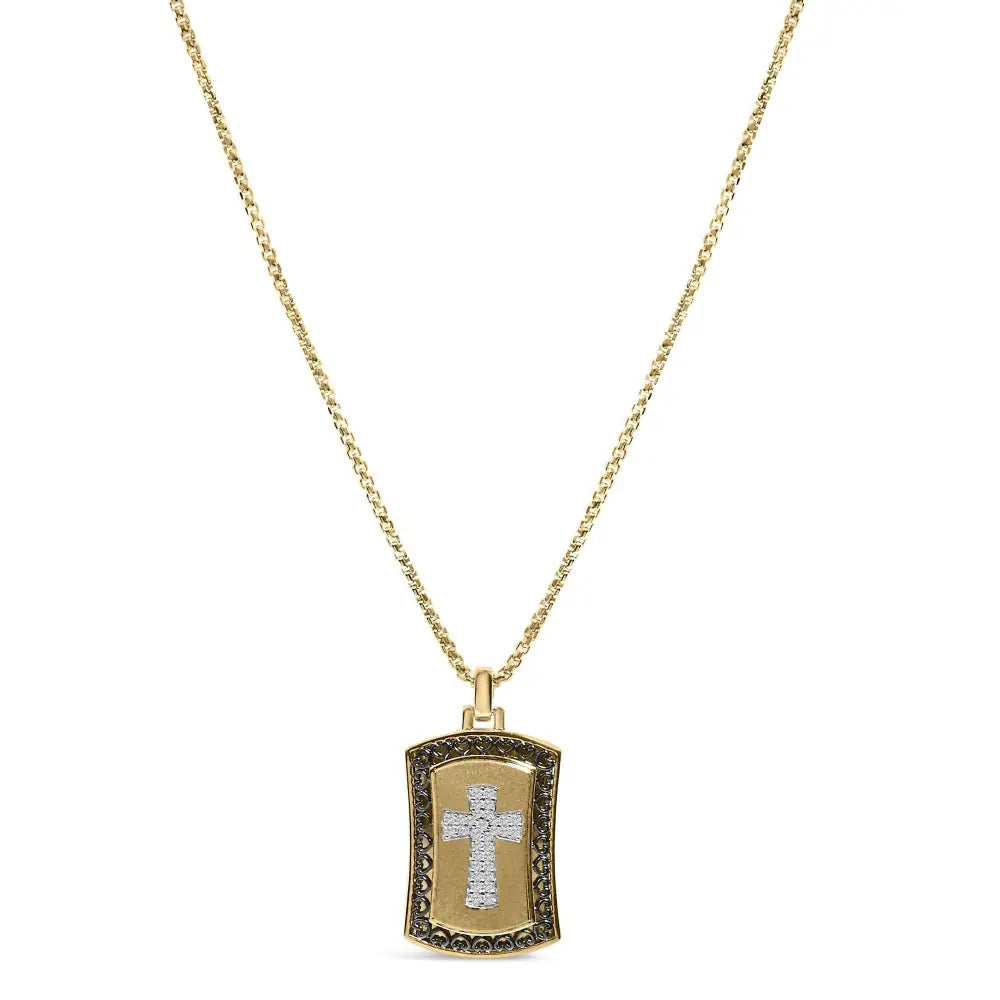 Diamond Cross Dog Tag Pendant in 14K Gold Plated Sterling Silver