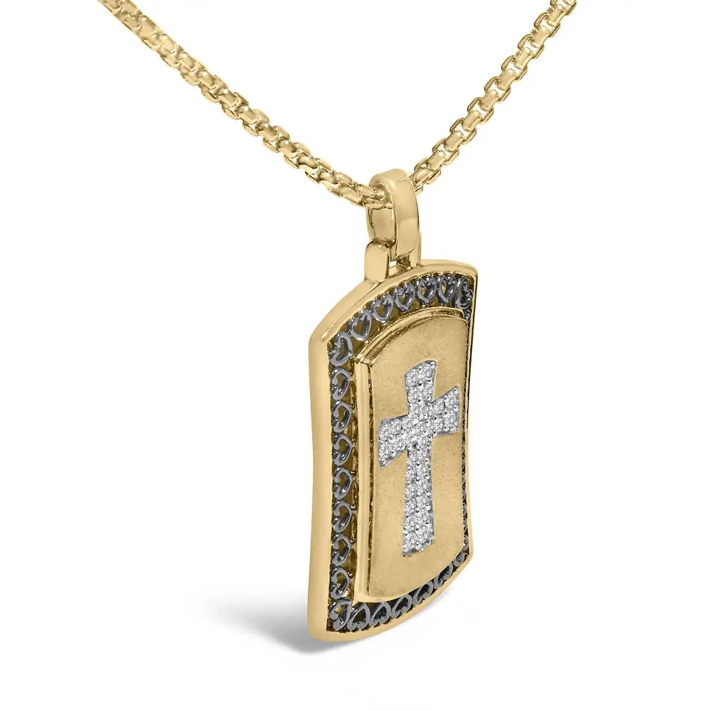 Diamond Cross Dog Tag Pendant in 14K Gold Plated Sterling Silver
