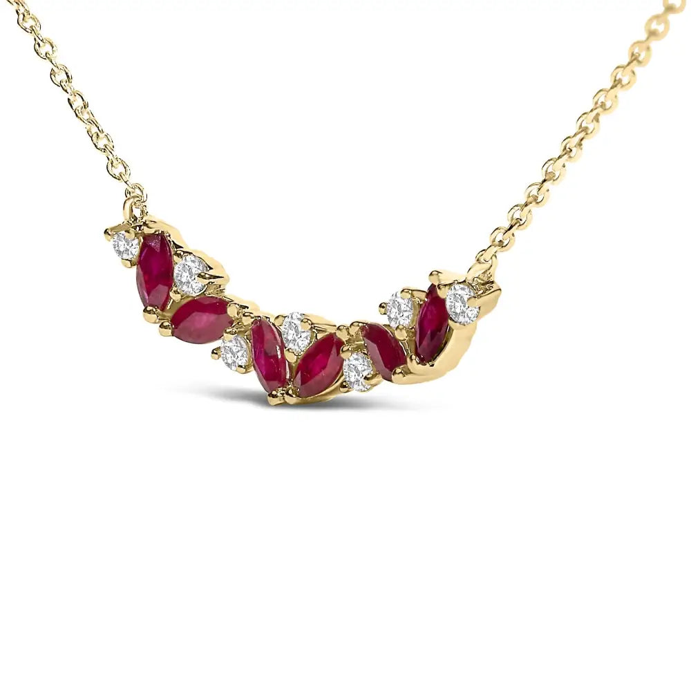 14K Yellow Gold Marquise Ruby and Diamond Trio Bar Necklace 18 Inch