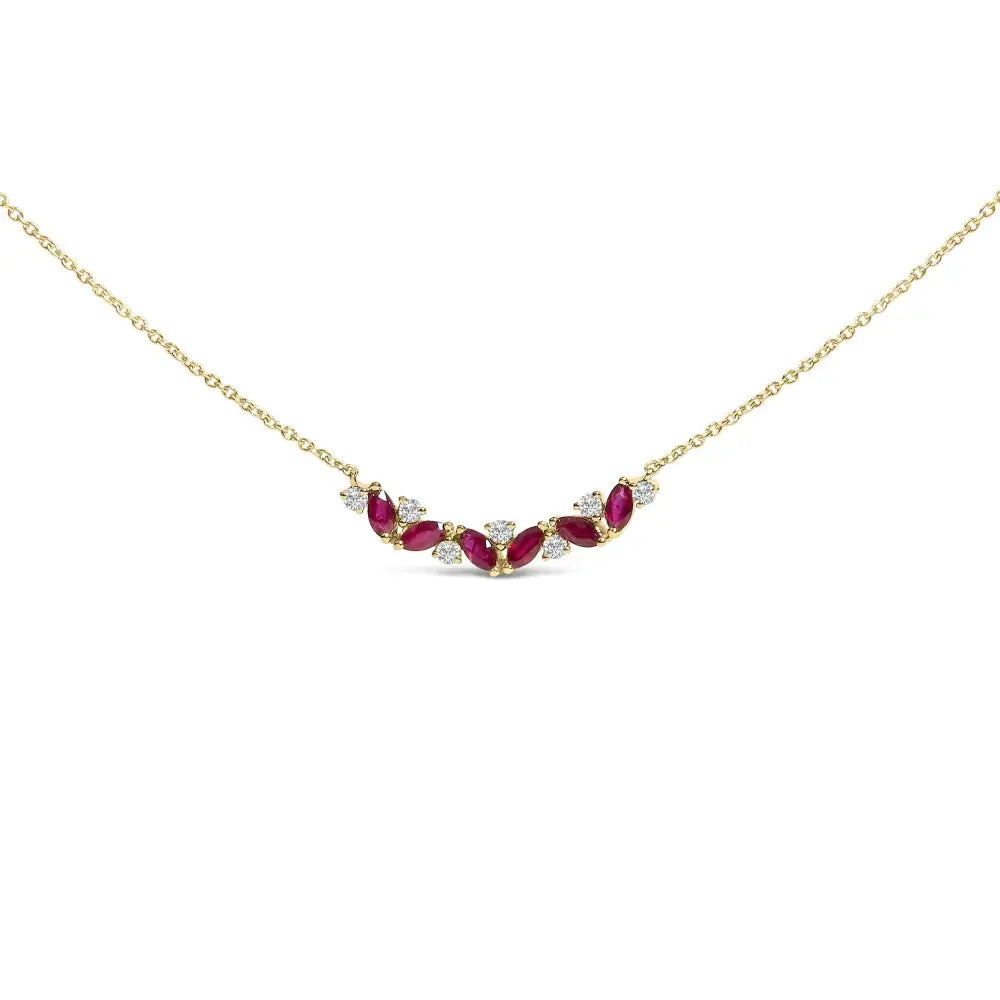 14K Yellow Gold Marquise Ruby and Diamond Trio Bar Necklace 18 Inch