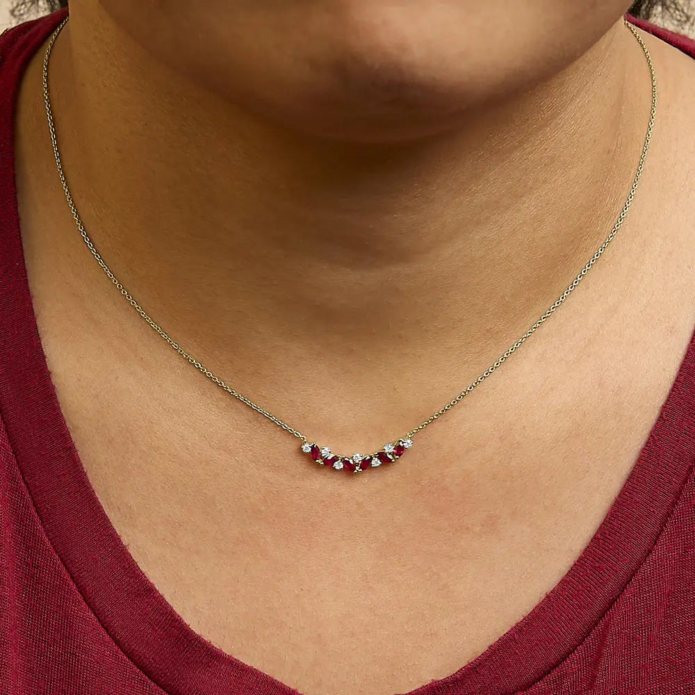 14K Yellow Gold Marquise Ruby and Diamond Trio Bar Necklace 18 Inch