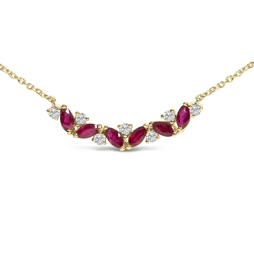 14K Yellow Gold Marquise Ruby and Diamond Trio Bar Necklace 18 Inch