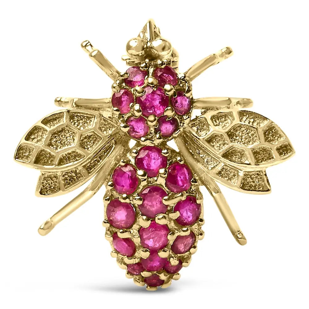 14K Yellow Gold Bee Brooch with Natural Red Rubies