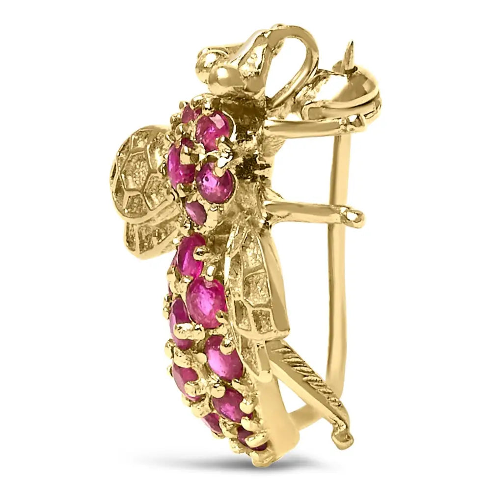 14K Yellow Gold Bee Brooch with Natural Red Rubies