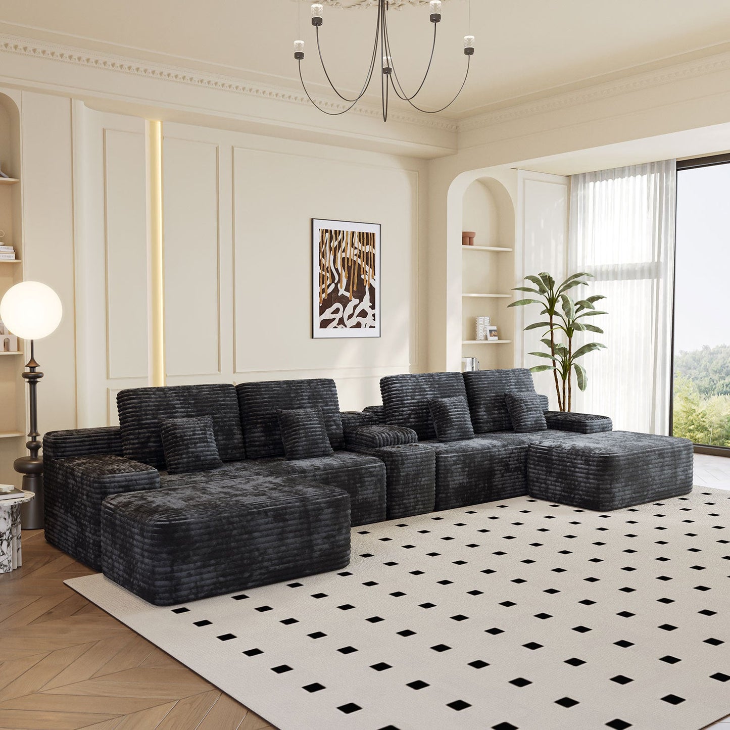 Sectional Sofa U-Shape Corduroy Black 6 Seat USB Bluetooth 150 In