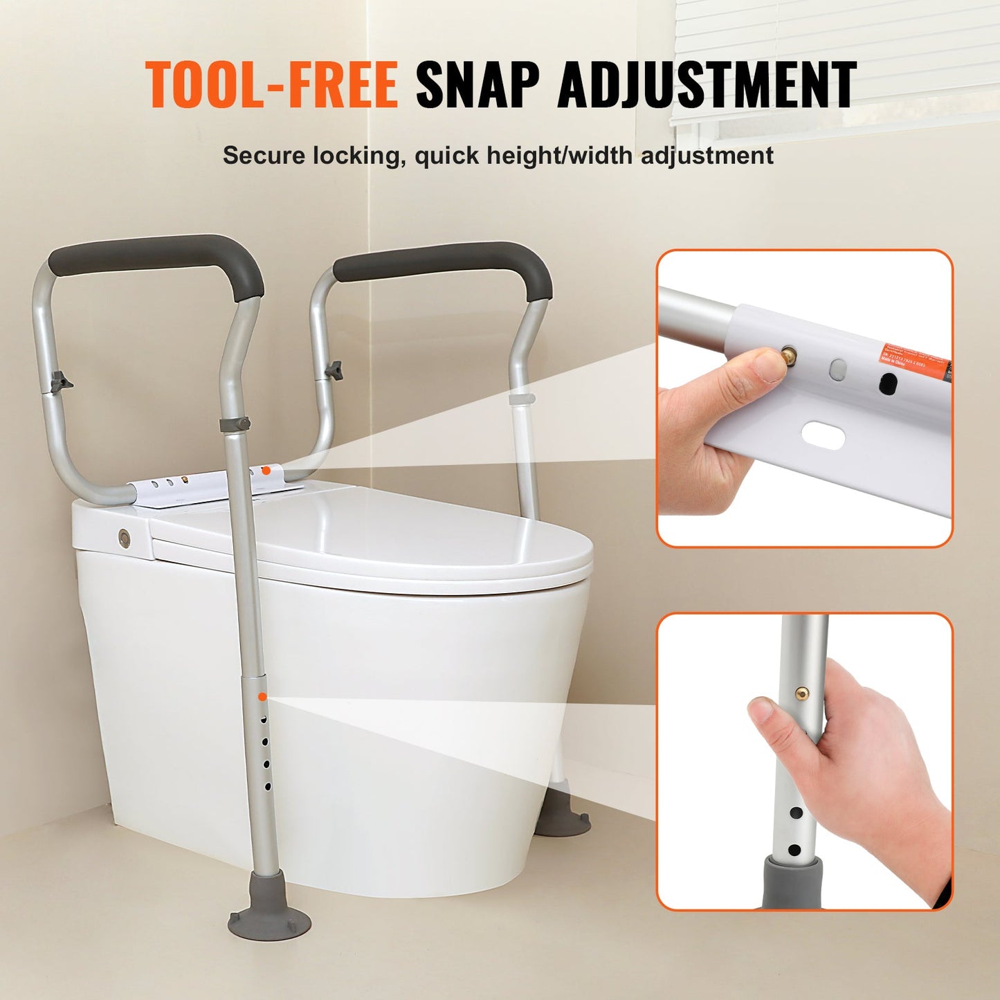 Toilet Safety Rail Frame Aluminum 300 LB Adjustable Width Height Padded Arms