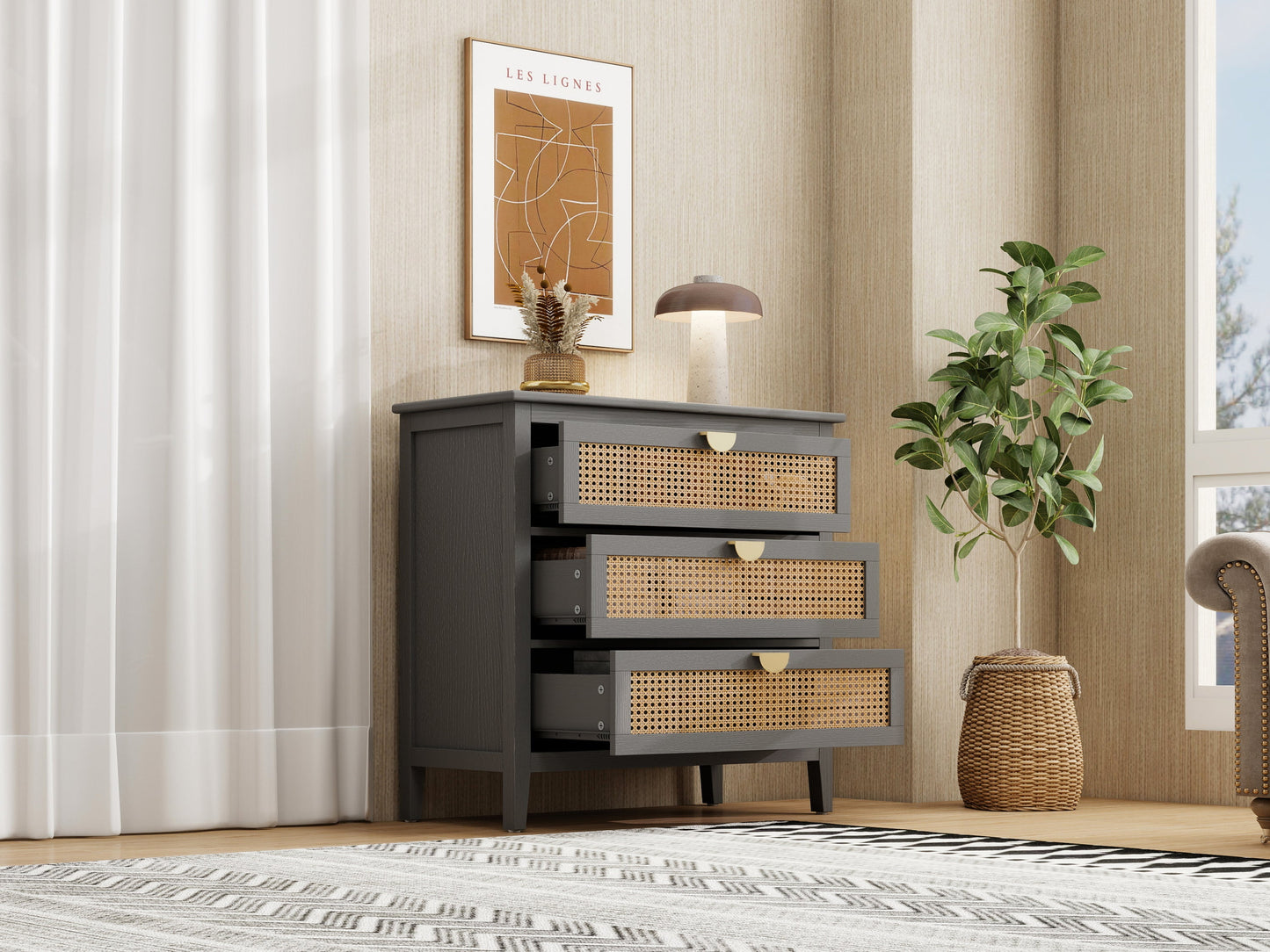 3-Drawer Cabinet - Natural Rattan - Suitable for Bedroom, Living Room, or Study
