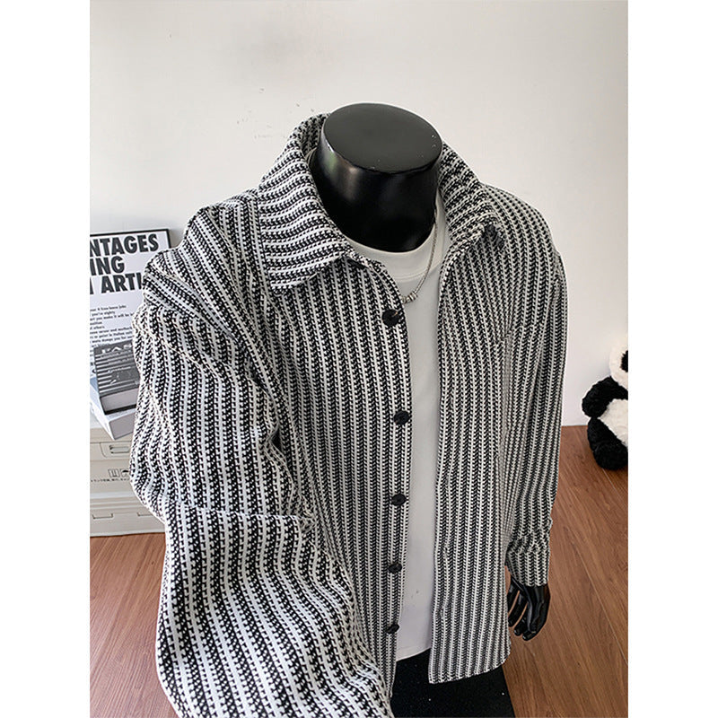 Vintage Lapel Sophisticated Striped Long-sleeve Top