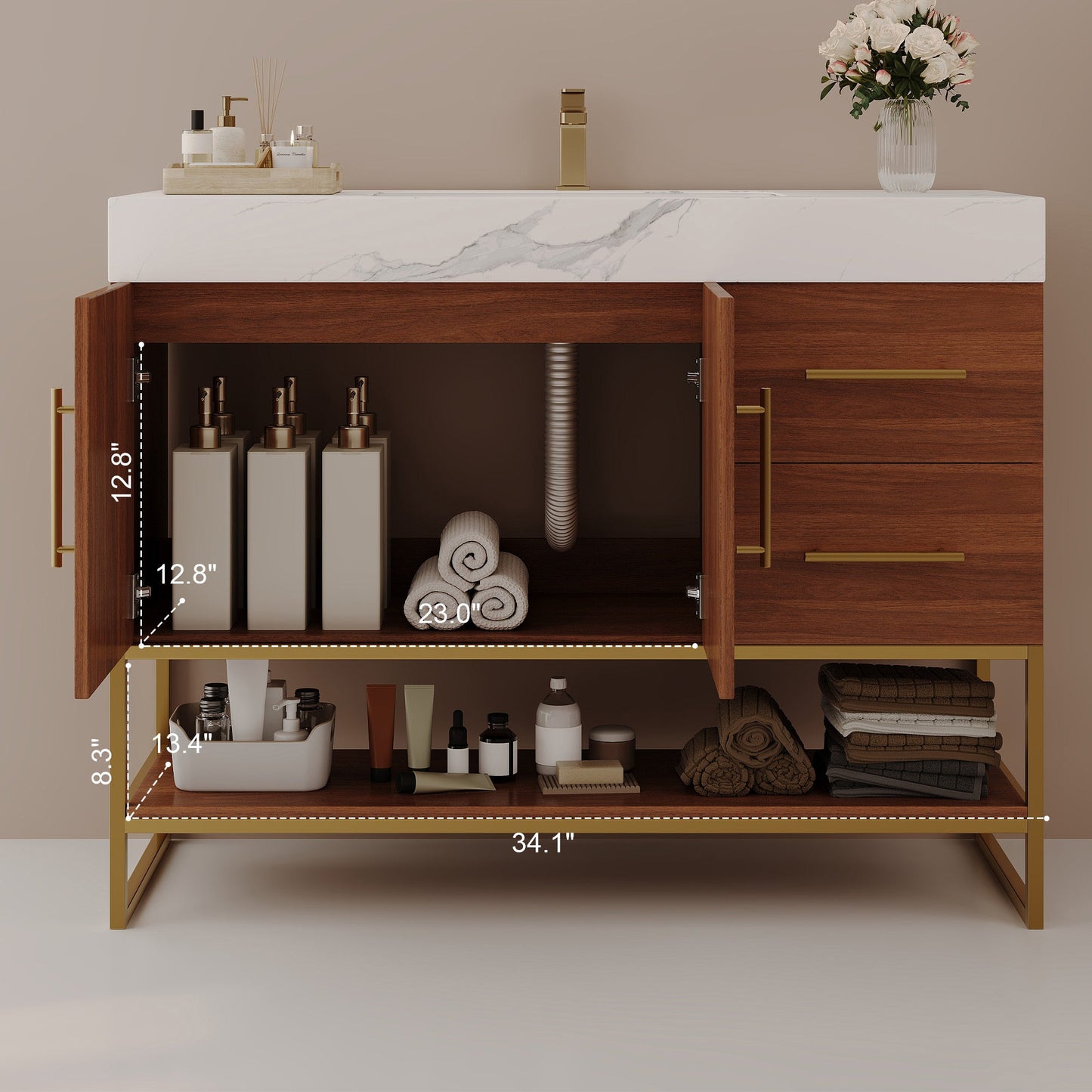 36' Modern Free-Standing Bathroom Vanity with Seamless Ceramic Sink & Sintere...