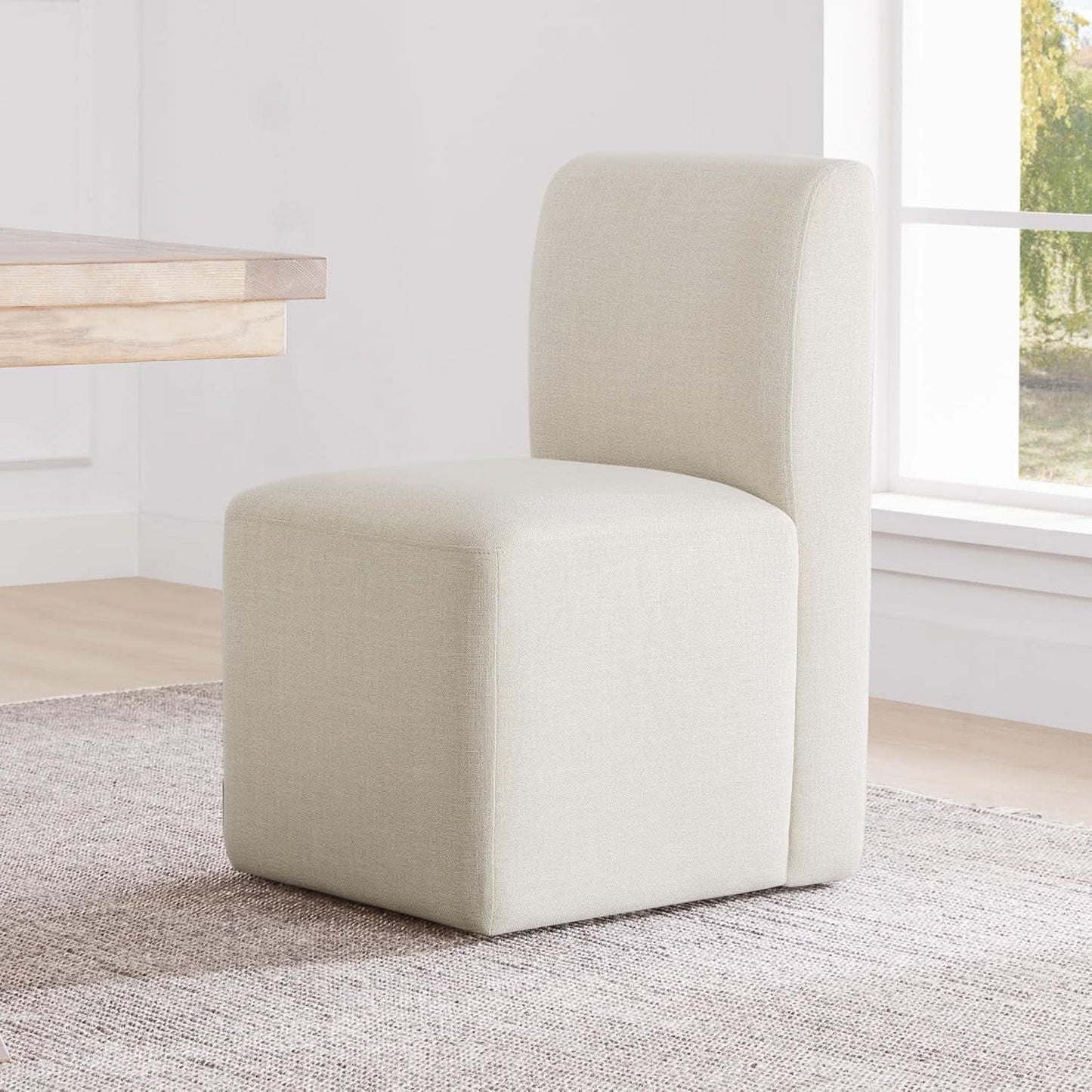 2 Linen Upholstered Armless Dining Chairs With Casters