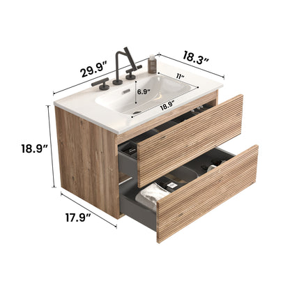 30' Wall Mounted Rough Oak&Rough Oak Bathroom Vanity with Integrated Ceramic ...