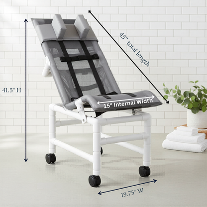 MJM International 191-LC-HB Reclining bath / shower chair (LARGE), with dual base & casters, head bolster, 180 lbs weight capacity