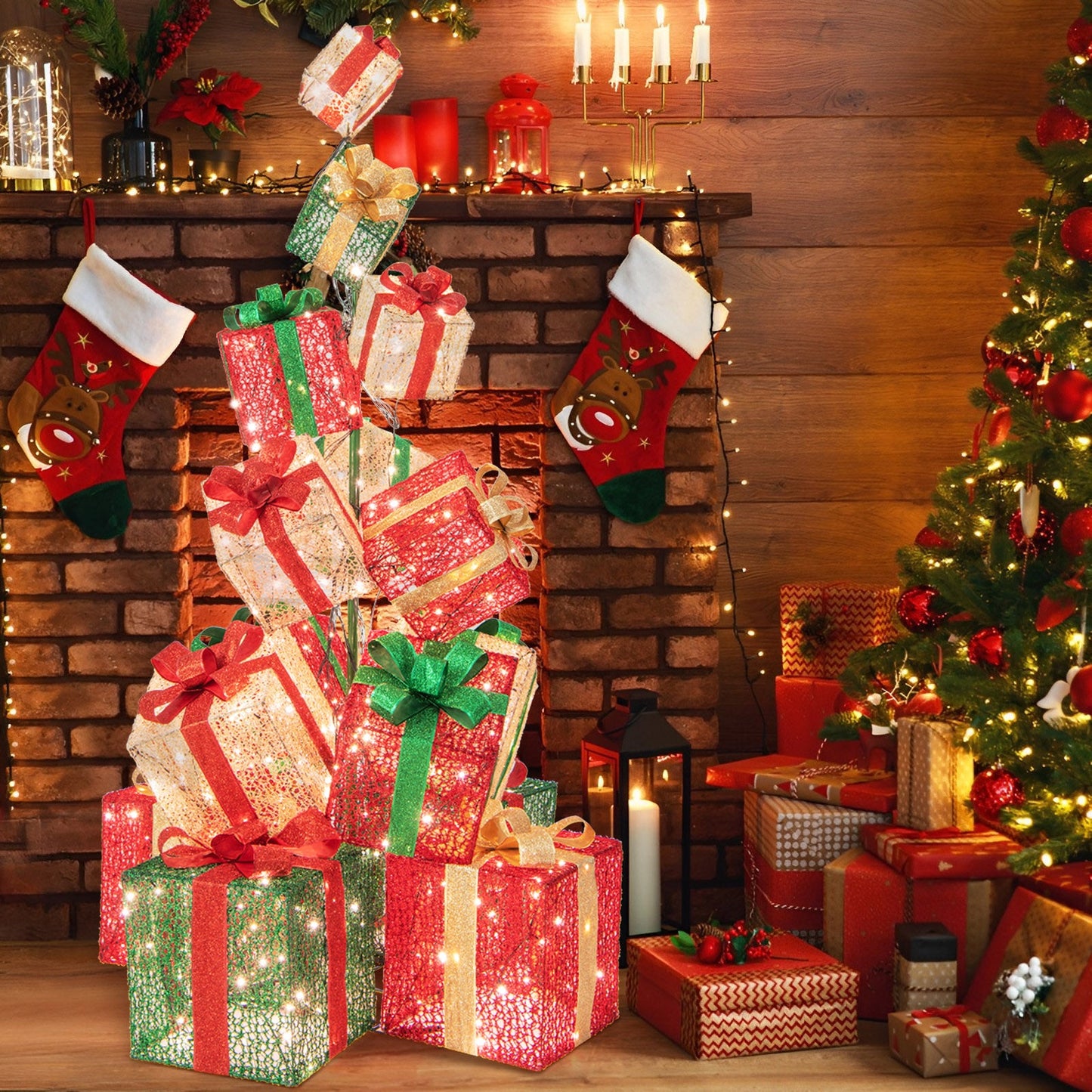 15 Stacked Lighted Christmas Gift Box Tower with 450 Warm White Lights
