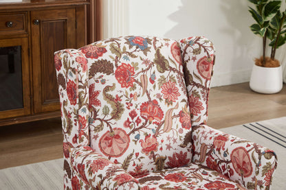 Accent Chair Wingback Linen Floral Red Pine Legs 28x30x38 In