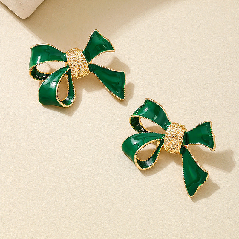 Dripping Oil Green Bow Womens Earrings