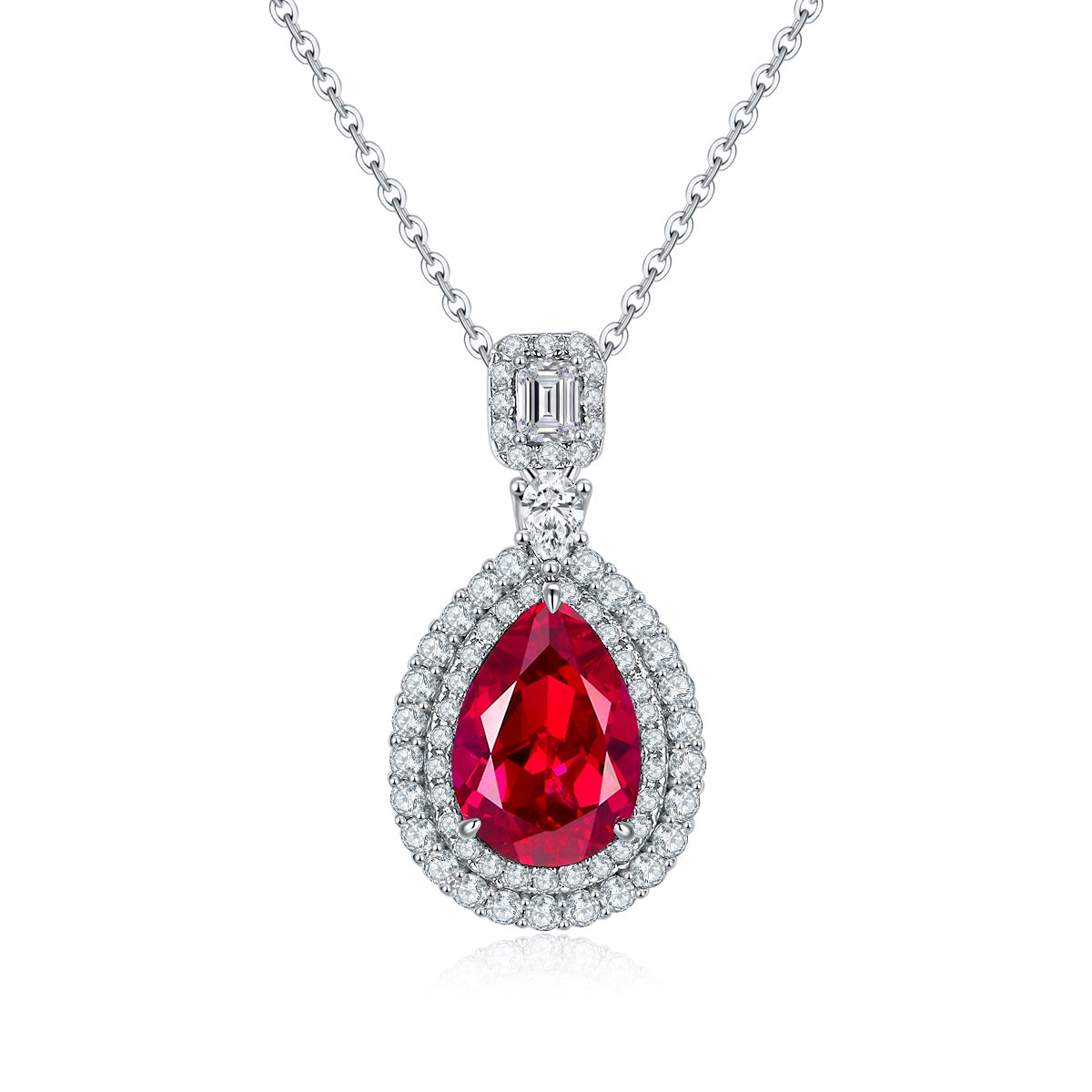 S925 Sterling Silver Lab-Grown Ruby Emerald Necklace, 13x9mm Pear Double Halo Pendant, Platinum Plated 40&45cm Chain, 5.8g Women's Gift Box