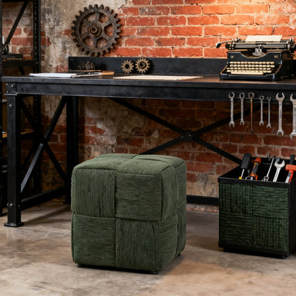 Green Square Ottoman Foot Rest with Corduroy Woven Design Soft Cushioning for