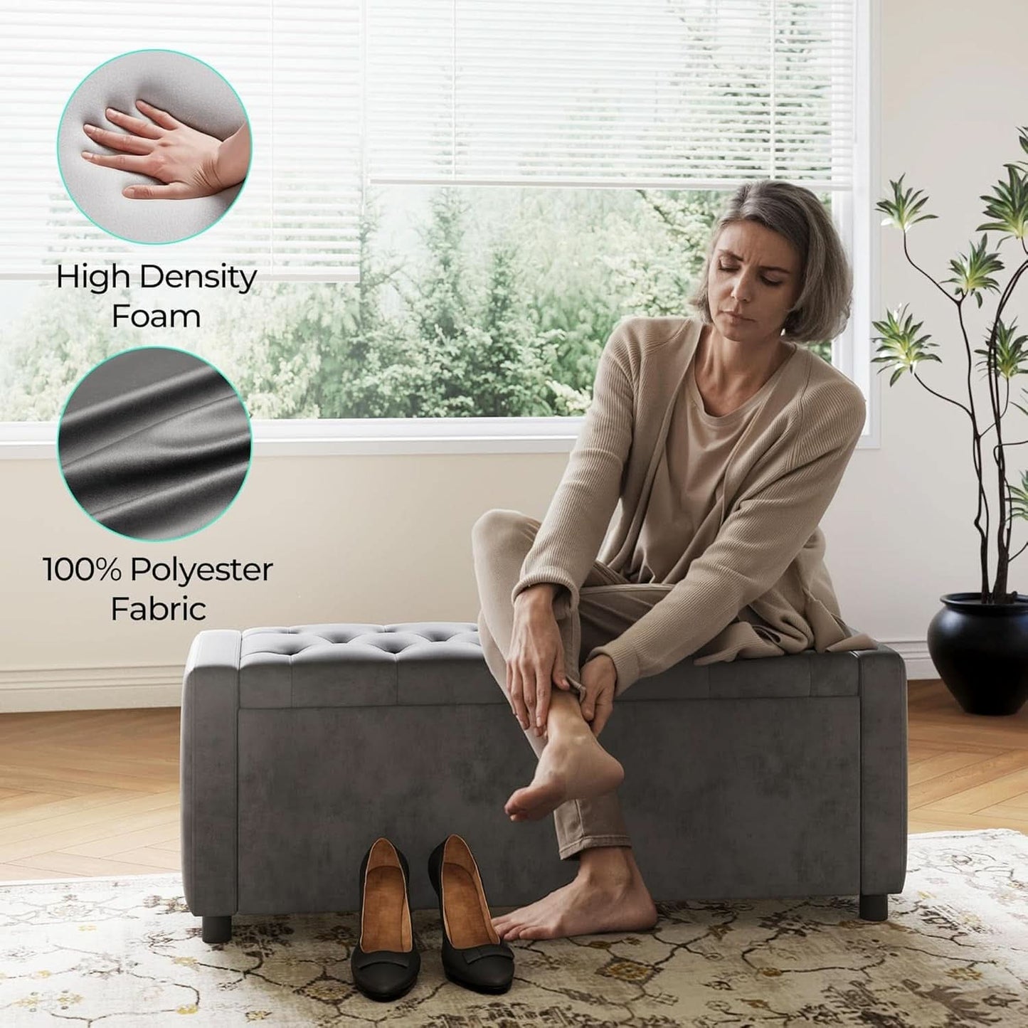 50 Inch Grey Luxurious Upholstered Storage Ottoman