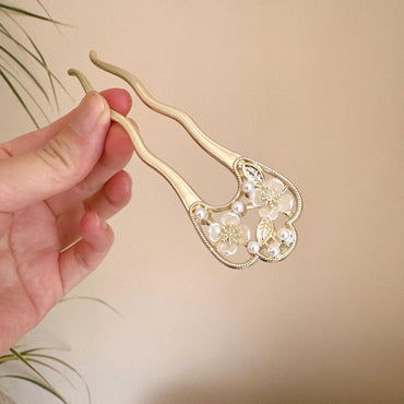 Gold Camellia Beaded U-Shaped Hair Pin