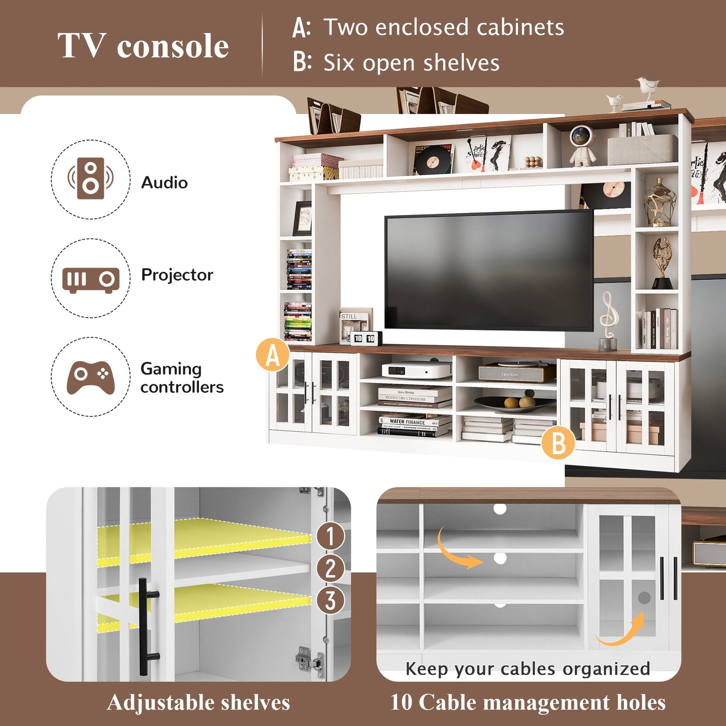 White MDF Glass TV Stand Entertainment Center Wall Unit 80