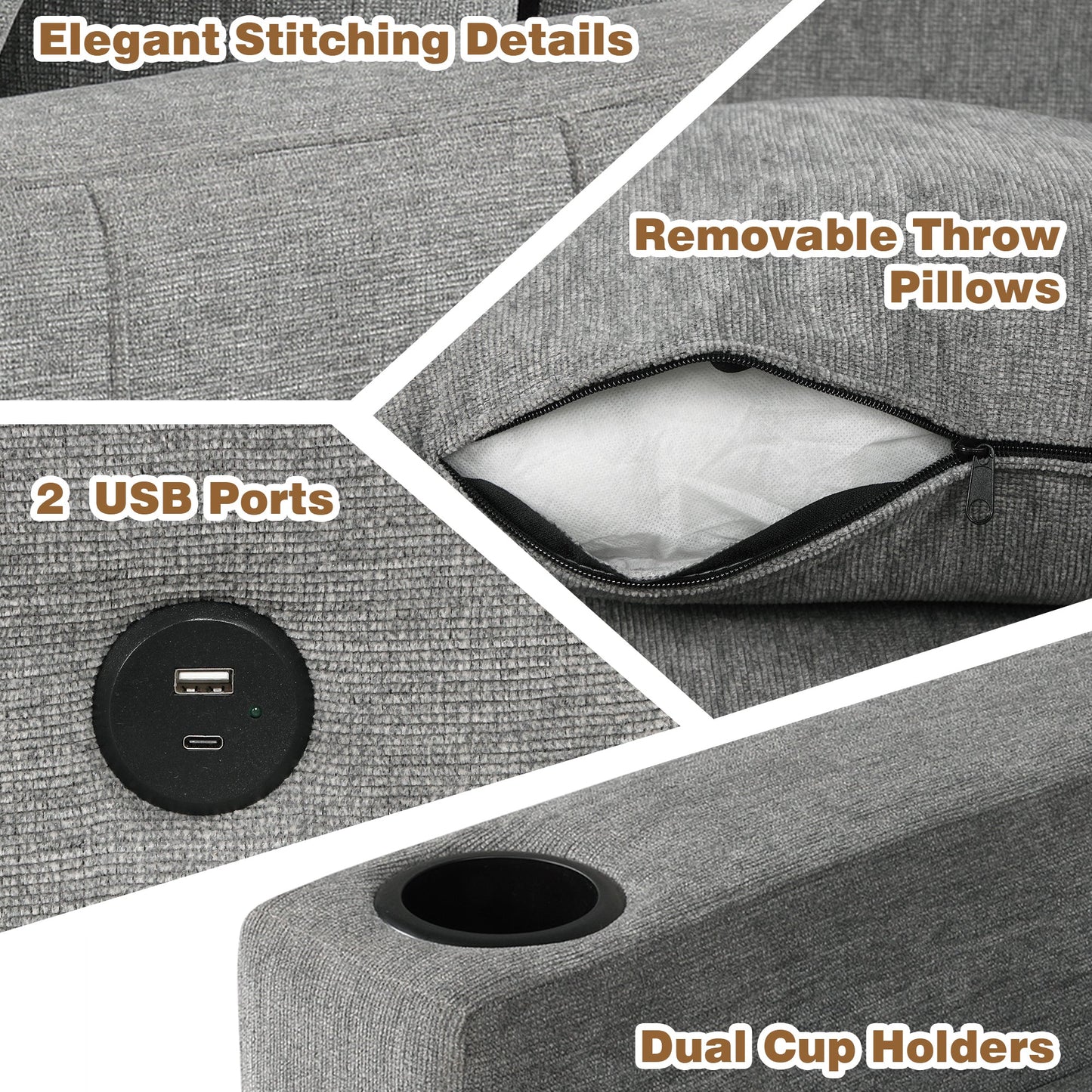 84" Sectional Sofa Convertible Pull-Out USB Gray