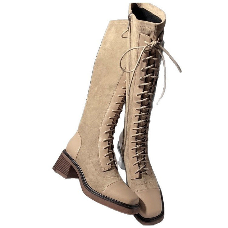 Stitched Round-toe Lace-up High-top Womens Boots