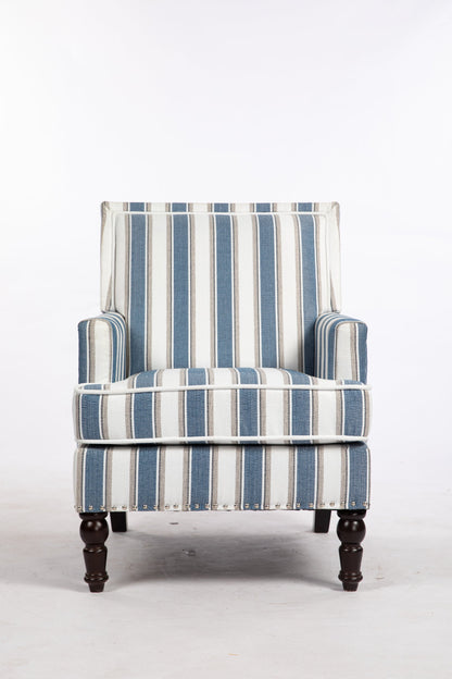 Accent Chair Vintage Striped Linen Blue White Nailhead Solid Wood Legs