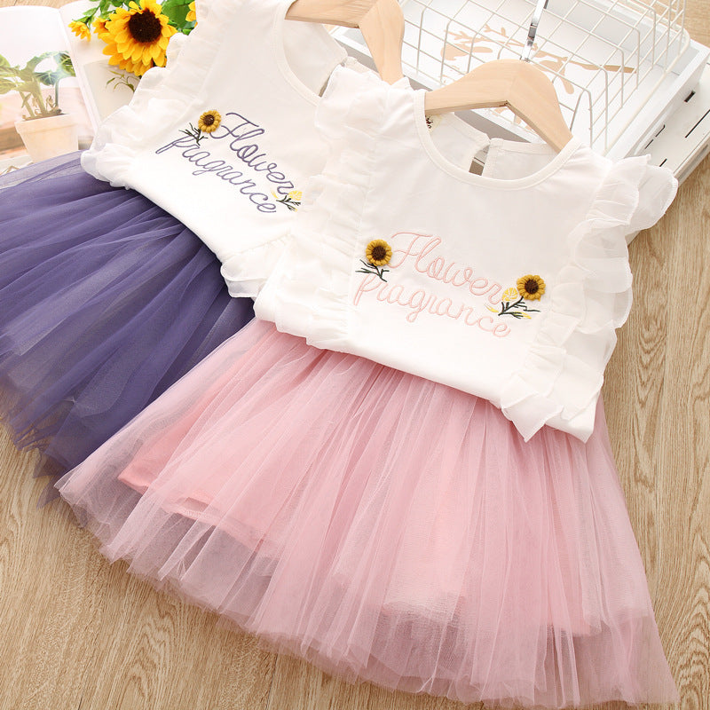 English Alphabet Sunflower Embroidery Blouse And Mesh Skirt Two-piece Suit