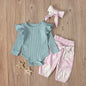 Solid Color Long-sleeved One-piece Romper Flower Pants Three-piece Suit