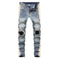 Trendy modern style for young Men's cream Striped Ripped in the knees blue Jeans