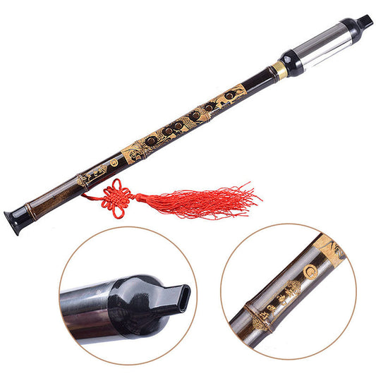 Black Bamboo Bawu Flute, Key of G, Dragon Carving