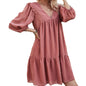 Spring And Summer New Product V-Neck Solid Color Lantern Sleeve Dress