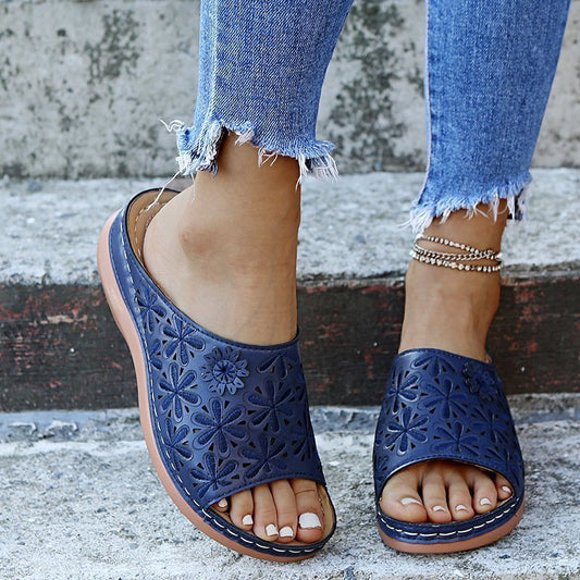 Retro Slippers Women Hollow Floral Shoes Outdoor Summer Sandals
