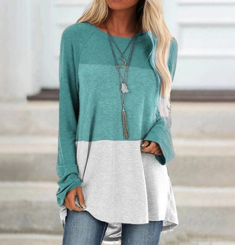New Women's Long Sleeved Round Neck Stitching Casual Plus Size T Shirt