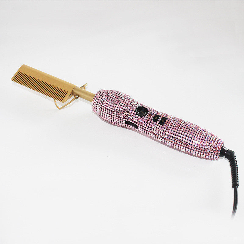 Hairdressing Comb Straight Curl Set With Glass Rhinestone Dual-Purpose Gold Diamond-Set Straight Hair Comb Hair Straightener