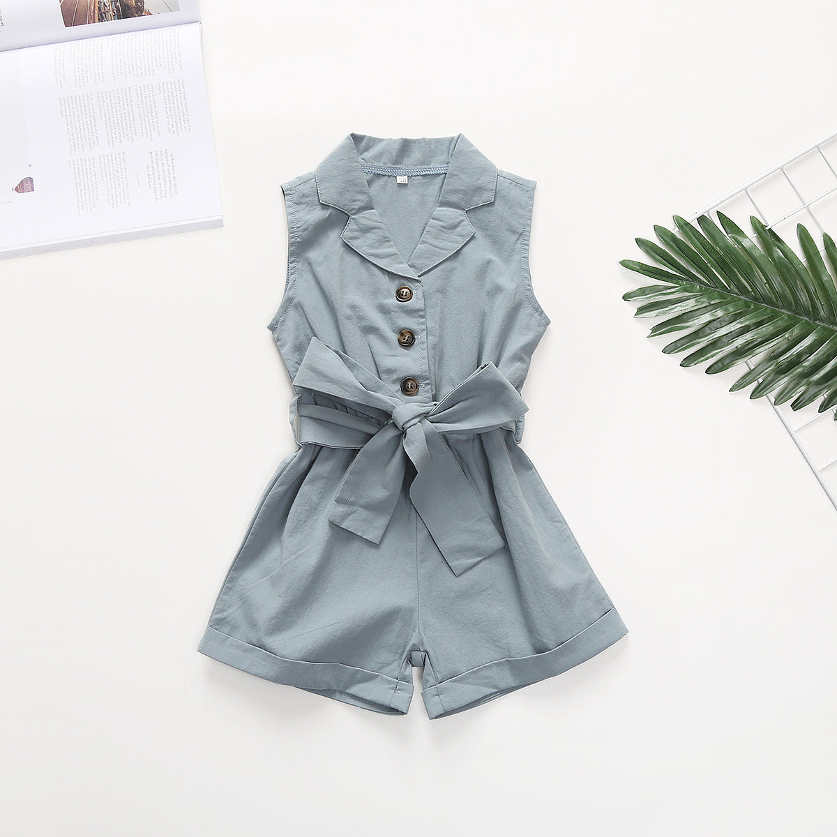 Multicolor Girls' Solid Lapel Sleeveless Single-breasted One-piece Shorts