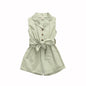 Multicolor Girls' Solid Lapel Sleeveless Single-breasted One-piece Shorts