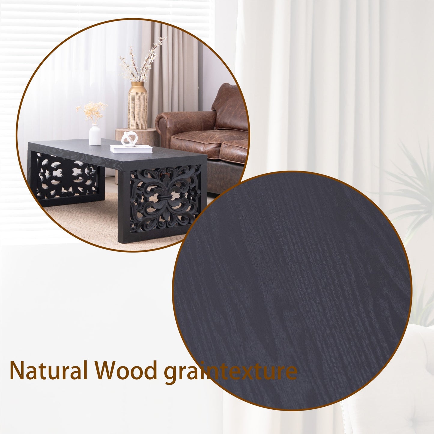 47.2 in Solid Black Carved Wood Coffee Table, Handcrafted Ornate Side Panels