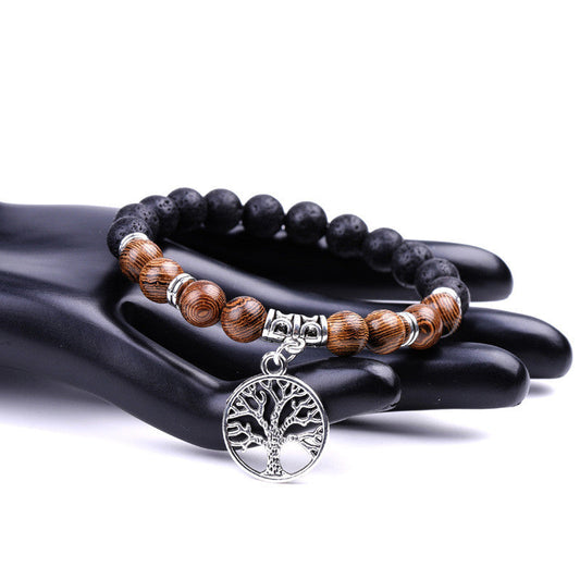 New Product Hot Selling Tree Of Life Pendant Natural Stone Volcanic Stone Wenge Wood Couple Beaded Bracelet