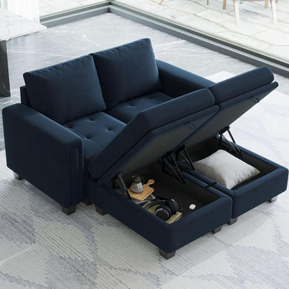 Velvet Modular Sectional Sofa With Storage Sleeper Blue