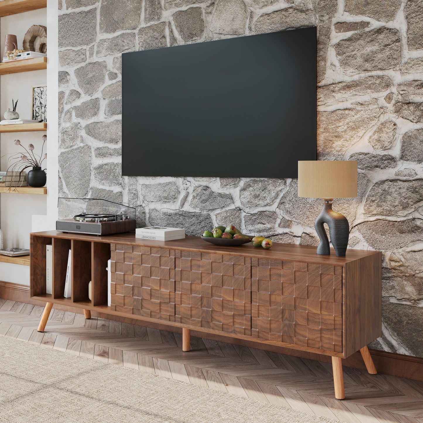 Mid-Century Walnut TV Stand 80" Push-Pop Doors MDF Wood
